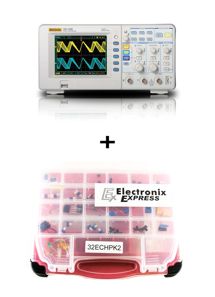 2 Analog channels plus external trigger | 1 Million point deep memory | 1 GSa/sec max sample rate | 5.7 inch TFT QVGA (320X240) with 64K color LCD backlit display | Plastic Container with flexible dividers: Contains 90 components