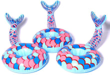 Load image into Gallery viewer, 3 Pack of inflatable mermaid fin drink holders that keep your beverages afloat in style! | Conveniently holds cans, cups, and bottles upright in the water — extra buoyant and won&#39;t tip! | Great for pools, hot tubs, lakes, oceans and more! | Made of durable vinyl that is easy to inflate/deflate | Perfect for pool parties and adding a little extra style to your next event!
