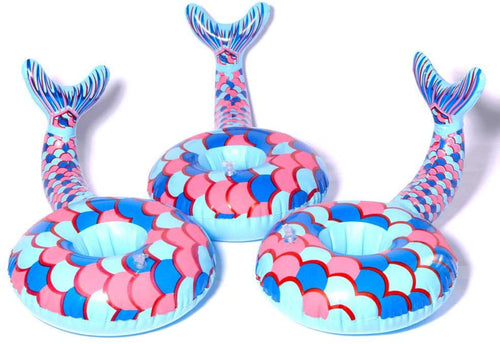 3 Pack of inflatable mermaid fin drink holders that keep your beverages afloat in style! | Conveniently holds cans, cups, and bottles upright in the water — extra buoyant and won't tip! | Great for pools, hot tubs, lakes, oceans and more! | Made of durable vinyl that is easy to inflate/deflate | Perfect for pool parties and adding a little extra style to your next event!