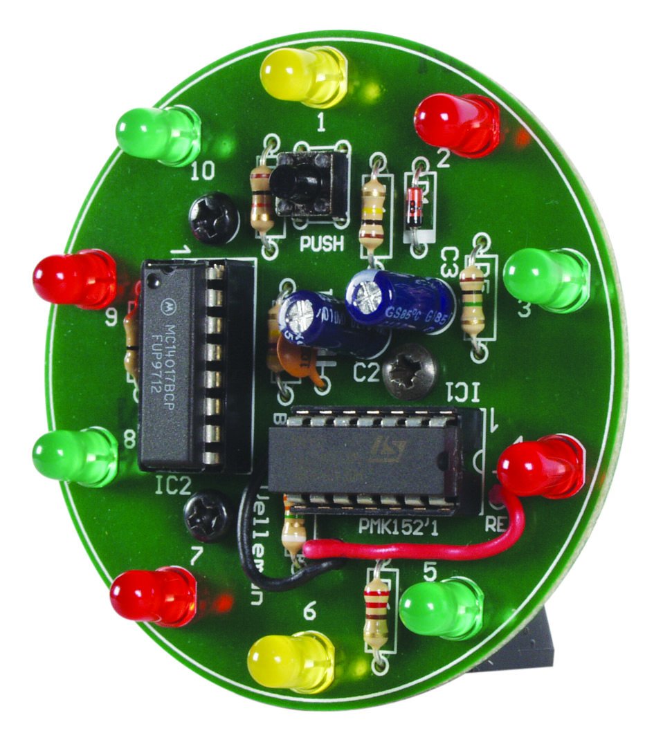 10-LED spinning wheel | Low power consumption and battery saving auto power-off | Power supply: 9V battery (not included) | Dimensions: Ø2.6 x 1.3
