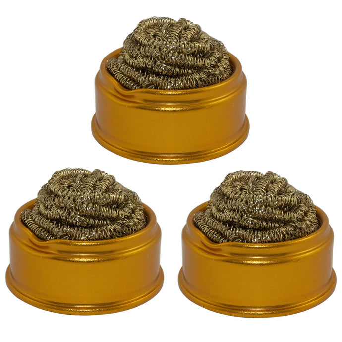 Rubber foot pad | No water necessary | No temperature drop as in conventional sponges | Cleans better than conventional sponges | Heavy duty stainless steel holder