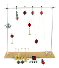 Load image into Gallery viewer, Designed to teach the concepts of force and mechanical equilibrium as they relate to pulley arrangements | Used to illustrate the important concepts of mechanical advantage and the conservation of energy | It includes 2 threaded metal vertical support rods, a metal crossbar, 2 crossbar clamps, a 90 degree clamp, 3 Single pulleys, 1 quadruple pulley, 1 triple tandem pulley | Also includes 1 wheel and axle, 3 pulley clamps, 10 slotted weights ranging from 10 grams to 500 grams, 3 weight hangers an
