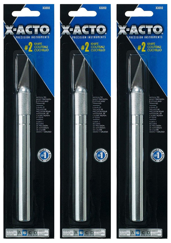 Value 3 Pack - X-Acto X3202 precision knives with No Safety Caps! | Designed to cut medium- to heavy-weight materials | Medium-weight aluminum handle is easy to maneuver | Easy-change blade system | No Safety Caps - Common to stick in small piece of foam for safe storage.