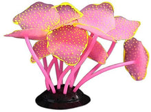 Load image into Gallery viewer, UV Glowing Silicone Faux Discosoma Mushroom Pink Coral Decoration with Suction Cup Base for Aquarium Fish Tanks, Yellow Accent Glows Under UV Blacklight
