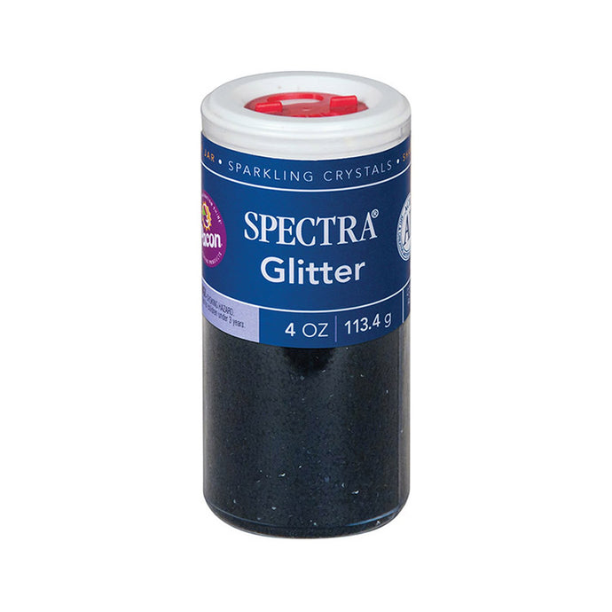Bring sparkle and shine to any project | Hexagon-shaped plastic glitter crystals | Glitter is non-toxic and conforms to ASTM D-4236 | Plastic dispensing jar has a variety of slot openings to reduce messes | 4-ounce jar of Black glitter