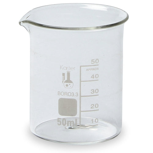 50ml low form glass Griffin beaker with spout, single scale, graduated | Height: 60mm (approx); outer diameter: 42mm (approx) | High quality inert 3.3 borosilicate glass | Extra large marking spot | ASTM Specification E960, Type I requirements