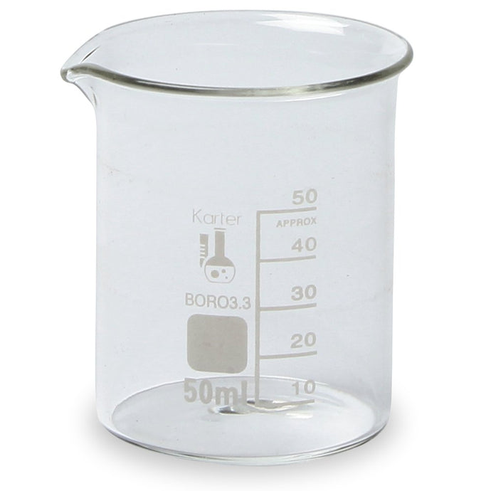 50ml low form glass Griffin beaker with spout, single scale, graduated | Height: 60mm (approx); outer diameter: 42mm (approx) | High quality inert 3.3 borosilicate glass | Extra large marking spot | ASTM Specification E960, Type I requirements