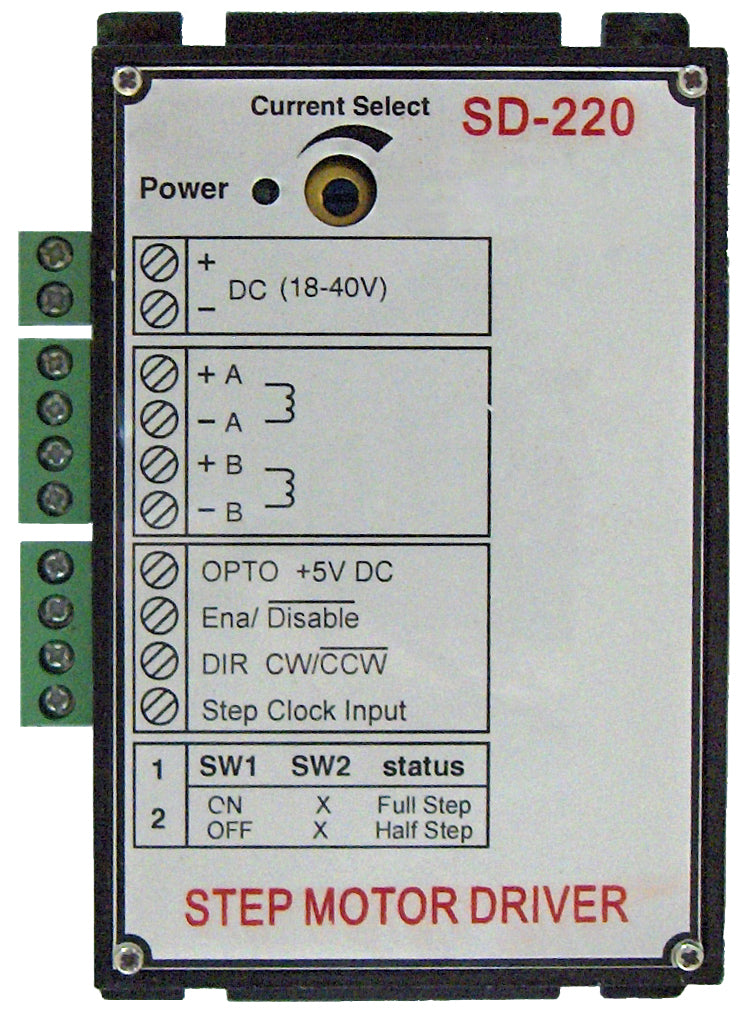 Power supply voltage range 18-40VDC | driver for 2 or 4 phase stepper motors | motor phase current adjustable up to 2 Amp | 118mm (L)x70mm (W)x28mm (H) | 