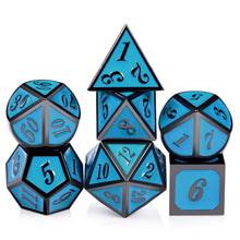 Load image into Gallery viewer, Set of 7 Metal Dice Set with Storage Box - Turquoise with Gunmetal Numbers - Includes D4, D6, D8, D10, D12, D20 and D%
