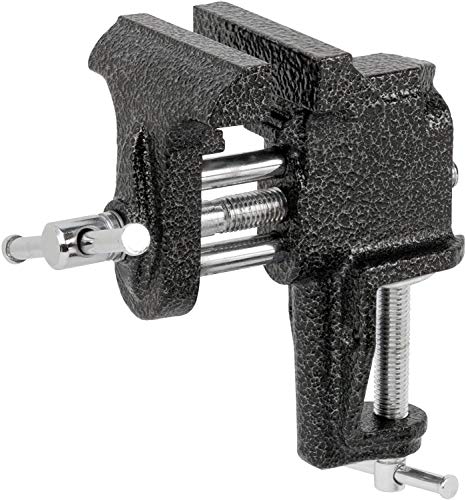 Clamp-on bench vice with jaws that open approximately 3 inches maximum, clamps to any tabletop that is 1.8 inches or less | Keeps your workpieces perfectly still for tasks such as sawing, grinding, drilling, sanding, and polishing | Smooth jaws designed specifically for wood, plastic and light metalworking | Durable metal construction with powder coated protective finish | Convenient portable size that makes it easy to quickly remove and attach as needed