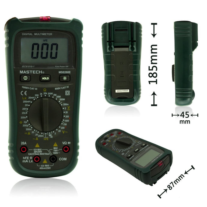 Large 2000 counts LCD display | Built-in non-contact voltage detector | Tests AC/DC voltage and current, resistance, capacitance | Inductance measurement up to 20H | Transistor (hFE) check, diode and continuity test