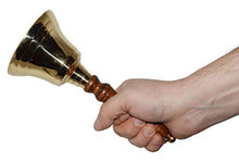 Load image into Gallery viewer, Large School Bell, Polished Brass Metal Handbell, Gold Color with Brown Wooden Handle - Measures 3.75 Inches Wide and 8.5 Inches Tall
