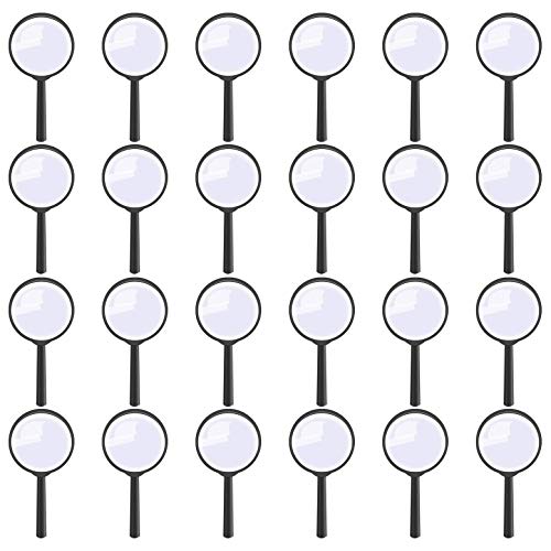 Classroom set of 24 plastic magnifying glasses, 5x magnification | Each magnifier features a plastic handle and rim with an acrylic lens | The lens is 2.42 inches in diameter and the handle is 2.3 inches | The ideal viewing distance of these magnifiers is approximately 3 to 5 inches | Ideal for reading maps or newspapers, inspecting jewelry or electronic components, and other situations where a little magnification is useful