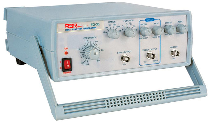 Six waveform functions: sine, triangle, square, ramp +/- pulse | 0.5Hz ~ 3MHz frequency range | Linear/Log sweep. Sweep rate 10mS~5S | Amplitude 20V p-p/open, 10V p-p/50 ohm load. | -20 dB attenuator