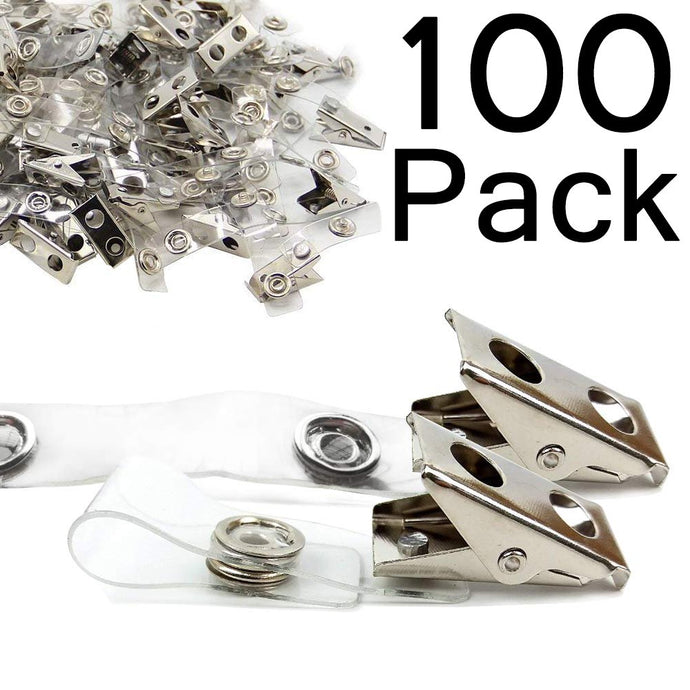 100 Pack Metal ID Card Badge Clips with Snap-to-Close PVC Straps for 5/8