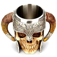 Load image into Gallery viewer, Viking Skeleton Mug with Horn Handles - Stainless Steel Cup Holds 17 Ounces - Gothic Medieval Tankard
