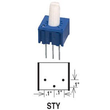Load image into Gallery viewer, Cermet potentiometer ideal for breadboarding | Resistance: 50K? (50,000 Ohms) | Power Rating: 0.5 W | Single turn with shaft | Wire pin leads, 0.1&quot; spacing
