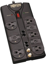 Load image into Gallery viewer, PROTECT ANY ELECTRONIC DEVICE FROM POWER SURGES &amp; SPIKES: Surge Protector with eight outlets and built-in RJ11, RJ45, and coax jacks protects your high-definition TVs, PC, personal computer, laptop, printer, router, phone, fax, modem, television, cable, satellite equipment, or any other home/office electronics from dangerous power surges, spikes &amp; line noise. | PREMIUM SURGE PROTECTION WITH BUILT-IN MODEM/COAX/ETHERNET PROTECTION: This home theater surge suppressor offers complete AC protection 
