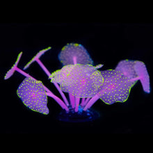 Load image into Gallery viewer, UV Glowing Silicone Faux Discosoma Mushroom Pink Coral Decoration with Suction Cup Base for Aquarium Fish Tanks, Yellow Accent Glows Under UV Blacklight
