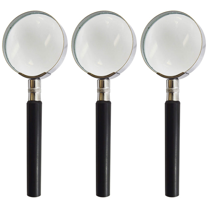 3 Pack Glass Magnifiers | 3x Magnification | 2 Inch Diameter | Chrome Rim | Plastic Handle