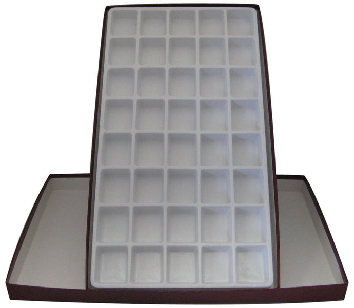 Collection boxes to store rock and mineral specimens | Made of rugged polystyrene, and leather-finished cardboard | Includes lid | 40 Cells per box | Each Cell measures 2