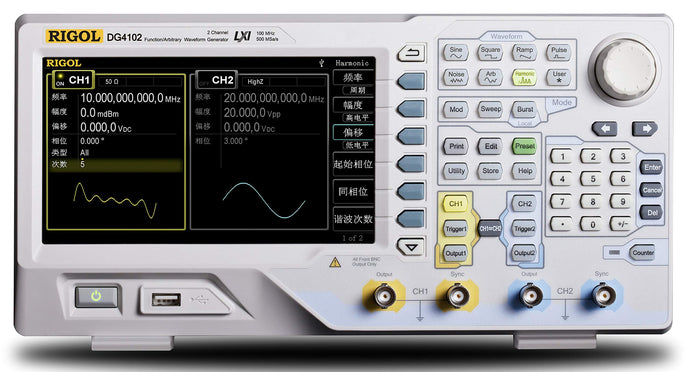 100 MHz Arbitrary Function Generator with 7' full color graphical front panel display and LAN and USB interfaces standard | 100MHz Maximum Frequency | 2 Channels | Standard 2 full functional channels | 500 MSa/s sample rate,14 bits vertical resolution