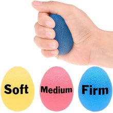 Load image into Gallery viewer, This set of Hand Exercise Eggs have a comfortable, textured surface and 3 different squeeze resistances (soft, medium, firm). Perfect for hand training, physical therapy, injury rehabilitation, etc. | Can be squeezed, rolled or catched to offer a wide range of muscular and motoric/reflex workouts. A perfect solution to strengthen your fingers, palms and forearms. | Other applications include: arthritis relief, stress relief, reducing repetitive strain injuries caused by texting and typing, impro
