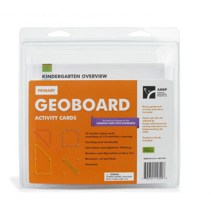 150 geoboard pattern cards | Used in combination with a geoboard (sold separately) | Cards come with a storage box and teacher's guide | Grades K-3 | 