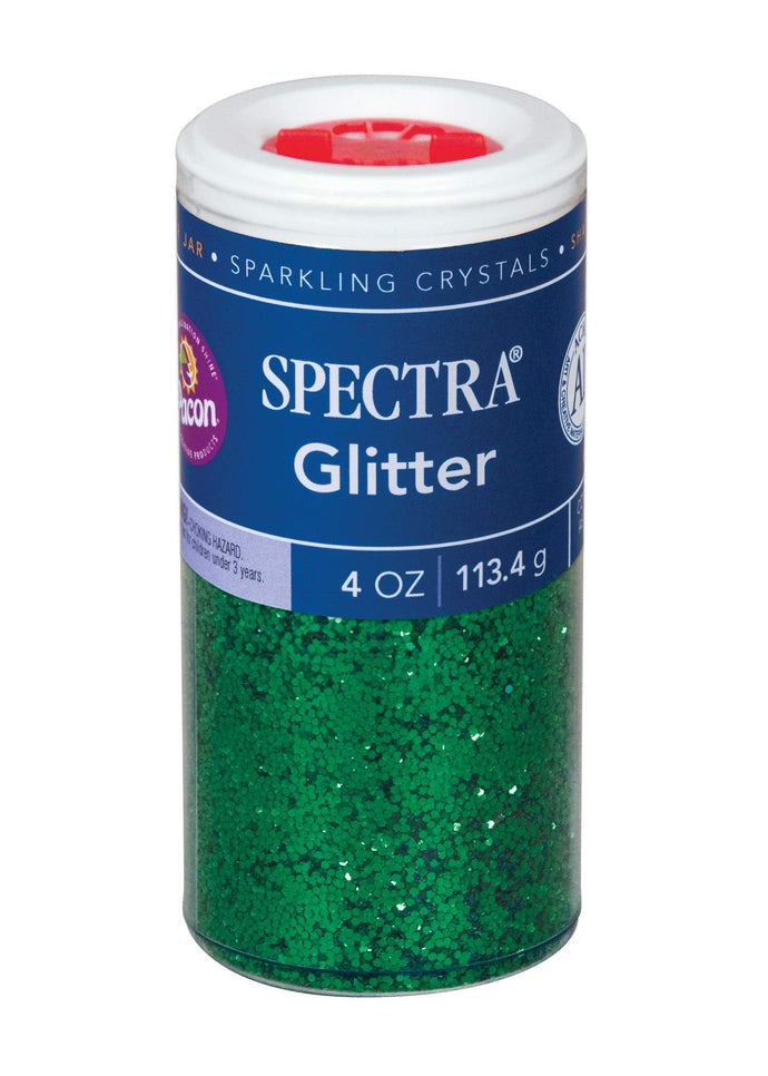 Bring sparkle and shine to any project | Hexagon-shaped plastic glitter crystals | Glitter is non-toxic and conforms to ASTM D-4236 | Plastic dispensing jar has a variety of slot openings to reduce messes | 4-ounce jar of Green glitter