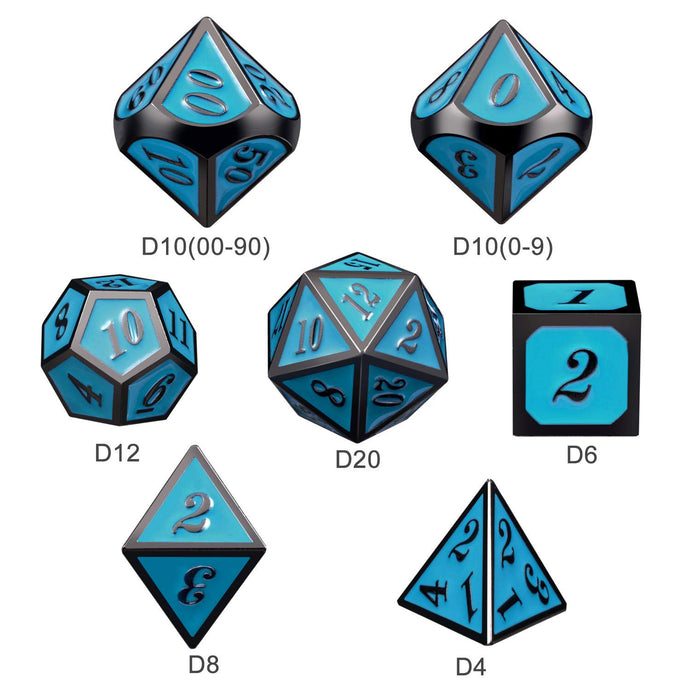 Durable metal turquoise dice set with gunmetal color numbers and accents | Includes D4, D6, D8, D10, D12, D20, D%, and metal storage container | Heavier than normal dice for added tabletop stability | Perfect for RPGs, board games, and card games | Enjoy your favorite game in style! These dice will impress your friends and competitors equally!