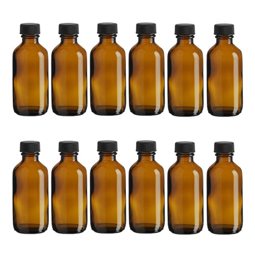 Amber glass for light-sensitive liquids | 2 oz. capacity, Pack of 12 bottles | Rounded shoulder design | Complete with black plastic caps | 1 1/2 in. Diameter, 3 in. Tall