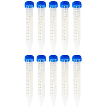 Load image into Gallery viewer, 10 Pack of Plastic 14mL Centrifuge Tubes with caps | Each tube measures 5&quot; long with a 5/8&quot; diameter | .5mL graduation marks | Writing space for labeling samples | Made of durable Polypropylene material
