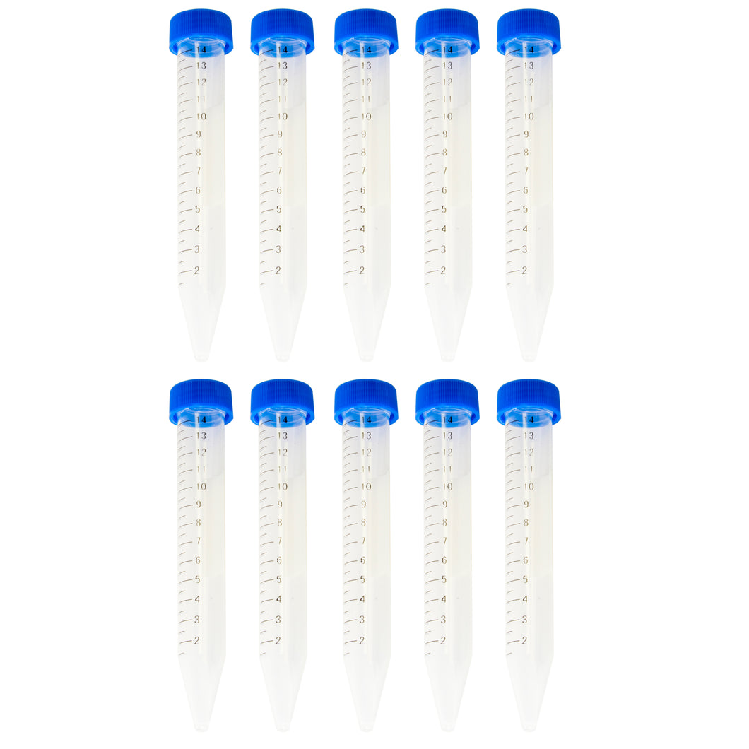 10 Pack of Plastic 14mL Centrifuge Tubes with caps | Each tube measures 5