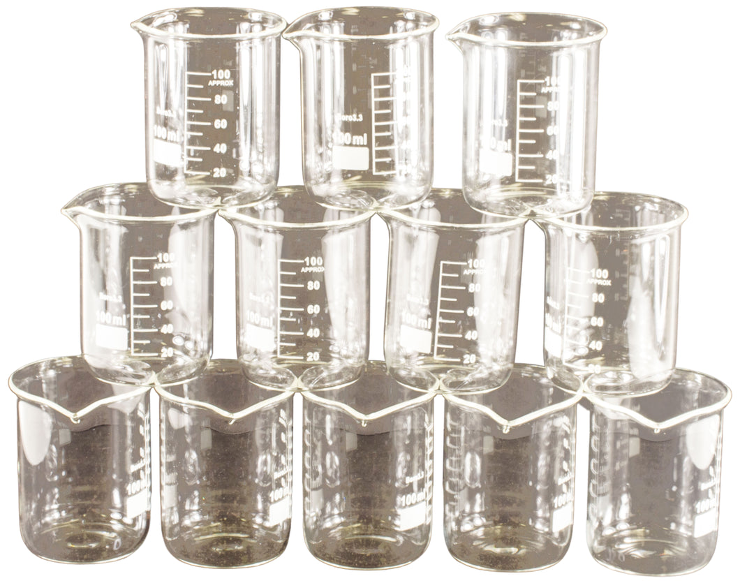 12 Pack 100mL Glass Beakers with Pour Spout, Borosilicate, 2.5