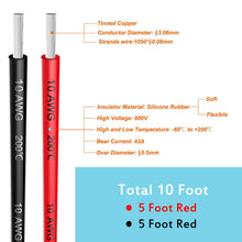 Load image into Gallery viewer, 10 Gauge Stranded Hook Up Electrical Wire with Silicone Rubber Insulation (5 ft Red and 5 ft Black) Soft &amp; Flexible 10AWG Cables, 600V Nominal Voltage
