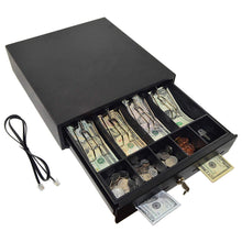 Load image into Gallery viewer, Heavy-duty steel construction with an RJ12 jack for connecting to POS devices conforming to the Epson standard | Removable tray with spring-loaded bill clips and adjustable dividers for up to 5 coin compartments | Drawer automatically opens by drawer kick (DK) signal from a connected POS device, or can be manually opened using the included keys | Measures only 13 inches long, 13.5 inches wide, and 4 inches tall | 
