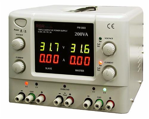 Two 0 ~ 30V, 0-3A outputs and one 5V fixed, 0 ~ 3A output | Large, green digital displays measure voltage. Red displays for current. | Ripple and noise less than 1mVrms | LED indicators for series and parallel operation | Hide-a-way carry handle. High efficiency heatsink