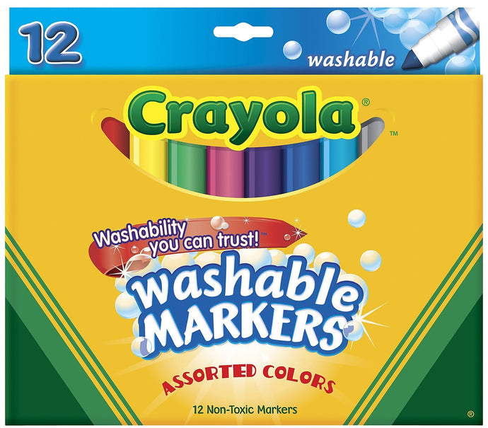 12 Broad Line Markers | Washability | May include shipment of Crayola Ultraclean Markers | New bright assorted colors, non-toxic | Made in America