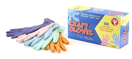 LESS STRESS WITH NO MESS - Keep the stress out of the mess & protect your hands in style! These natural latex, disposable craft gloves come with 100 gloves in a pack & feature 5 inviting colors - pink, orange, blue, green & purple. | ONE SIZE FITS MOST ADULTS - These gloves stretch so they are designed to fit most adults’ hands. They provide better dexterity for your fingertips than any other type of gloves. They are lightly powdered, allowing them to go on & off with ease! | PROTECT YOUR HANDS 