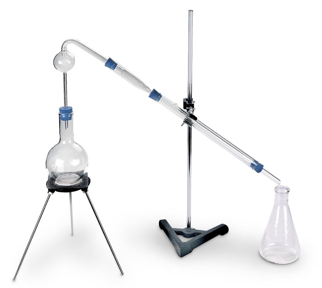 Student grade distillation set provides students with hands-on experience distilling liquids | Borosilicate glass for clarity, strength, and heat- and chemical-resistance | Cast iron base with support rod and adjustable clamp are durable and can be adjusted for precision tuning | Tripod with wire gauze supports boiling flask | Set includes Liebig condenser, Kjeldahl bulb, boiling flask, Erlenmeyer flask, cast iron base with support rod and clamp, and tripod with wire gauze