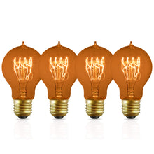 Load image into Gallery viewer, 4 Pack of Dimmable A19 Vintage Edison Light Bulbs with Squirrel Cage Filament, fits standard (Medium) base E26 light fittings and E26 lampholders | These stylish 60w bulbs will bring the nostalgia of the 1900s to your modern fixtures | Dimmable from 0-100% with most dimmer switches, freely change the brightness to meet your atmosphere needs | Ideal for atmospheric lighting, in a multi-bulb pendant light or discreet lighting | Each bulb is 2.36 inches wide and 4.3 inches tall (including base)
