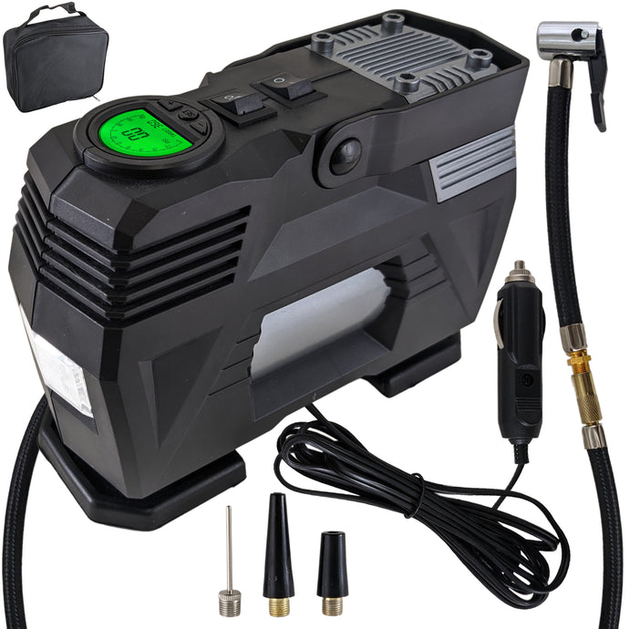 Portable 100 PSI Tire Inflator Digital Air Compressor for Tires, Bicycles, Balls, and Inflatables - Plugs into Car 12V Outlet - Flashlight