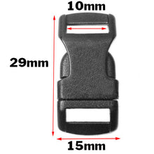 Load image into Gallery viewer, 20 Pack Small Black Contoured Side Release Plastic Buckles for 3/8&quot; (10mm) Straps
