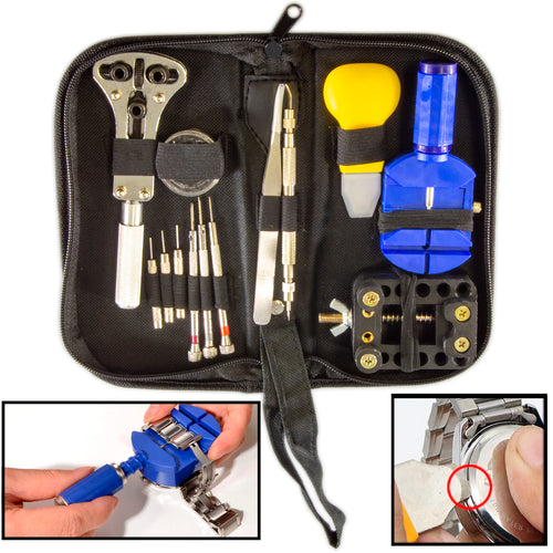 Watch repair tool kit in a convenient zippered case | Includes tools that will help you open watch backs, perform band adjustments, and change batteries or gaskets | Helps you get your watch repairs and maintenance done at home | Lightweight and portable | Makes the perfect gift for any watch-lover