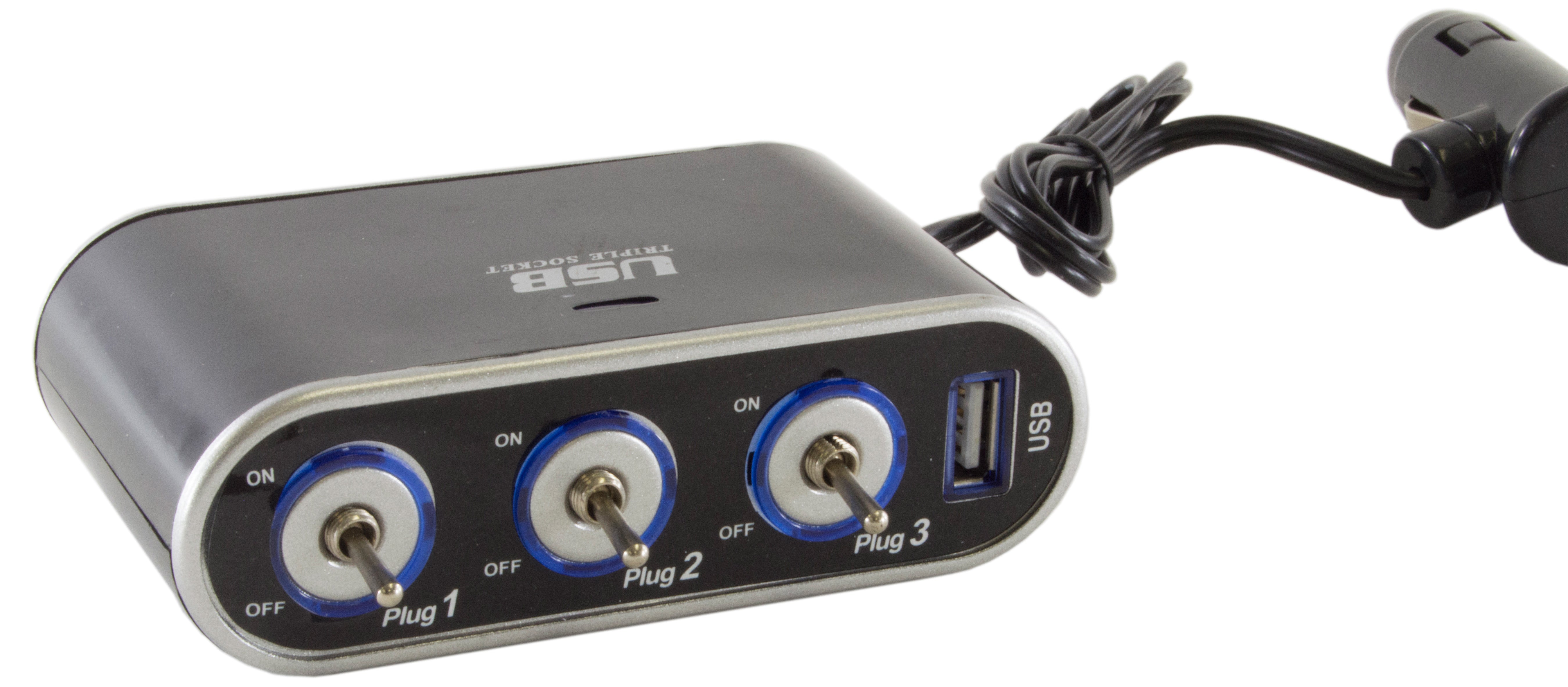 Car Triple Socket Splitter with Independent On/Off Switches, One USB P ...