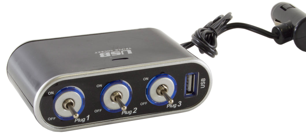 Car Triple Socket Splitter with Independent On/Off Switches, One USB Port