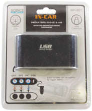Load image into Gallery viewer, Car Triple Socket Splitter with Independent On/Off Switches, One USB Port
