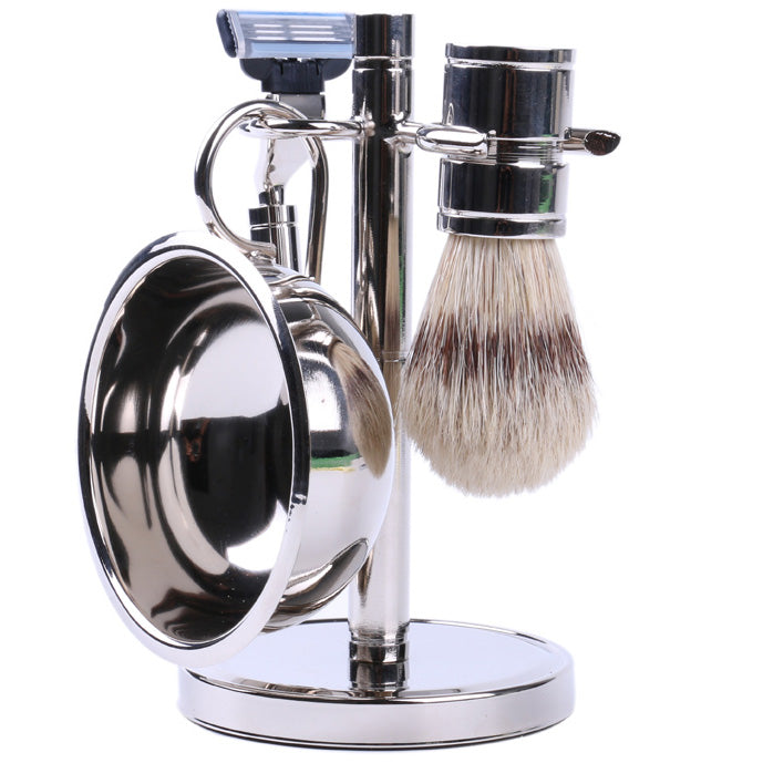 Stainless Steel Shaving Set for Men - Includes Handle, Brush, Bowl, and Stand