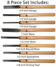 Load image into Gallery viewer, 8 Piece Wood Chisel Woodworking Lathe Hand Tool Set - Includes Gouges, Skews, Round Nose, Spearpoint, and Parting Chisels
