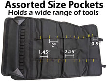 Load image into Gallery viewer, Portable 22 Pocket Tool Holder with 15 Socket Slots, Organizer Rolls into Bag with Handle, Ideal for Travel and On-Site Jobs, Measures 22&quot; x 14&quot; Unrolled

